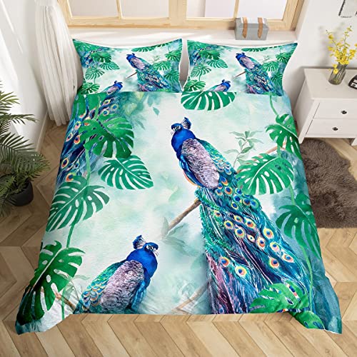 Pfau Bettbezug Set S Größe,Elegante Wunderschöne Blaue Feder Bettwäsche Mädchen Frauen Aquarell Grün Palmenblatt Tröster Abdeckung Vögel Tier Thema Dekor Quilt Cover,1 Kissenbezug von Manfei