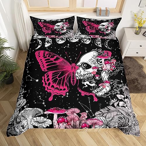 Schmetterling Zucker Schädel Bettbezug Set S Größe,süße Pilz Botanische Bettwäsche Set Schwarz Weiß Mond Sterne Himmel Tröster Abdeckung Kinder Mädchen Zimmer Dekor,exotische Quilt Cover,Rose Pink von Manfei