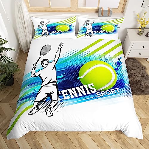 Tennis Bettbezug Set L Größe,Cartoon Tennis Spieler Bettwäsche Set,Kinder Jungen Männer Teens Schlafzimmer Dekor,Ball Sport Spiele Tröster Abdeckung Mode Blau Grün Streifen Graffiti Quilt Cover,Weiß von Manfei