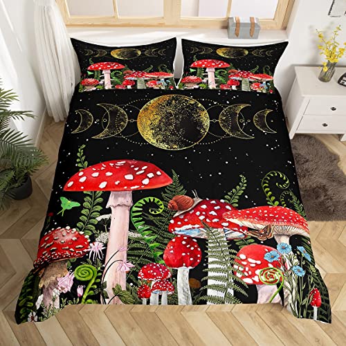 Wilde Pilz Bettbezug Set L Größe, Sun Moon Planet Star Sky Bettwäsche Set für Kinder Teens Mädchen Jungen Zimmer Dekor, Pflanze Trippy Tröster Abdeckung Red Quilt Cover mit 2 Kissenbezug von Manfei