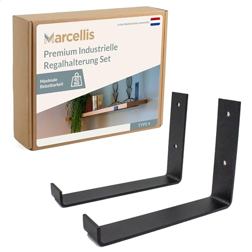 Marcellis Premium Regalhalterung für 20cm Breite Bretter - Set von 2 Heavy-Duty Regalwinkeln bis 40kg Belastbar - Hochwertige Verarbeitung und Befestigungsmaterial - 120x40x202 mm (HxBxD) von Marcellis