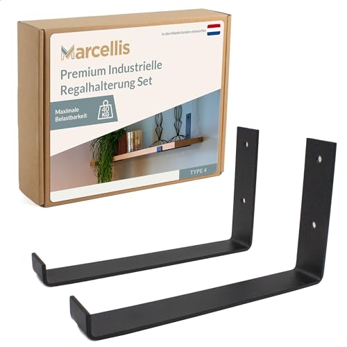 Marcellis Premium Regalhalterung für 25cm Breite Bretter - Set von 2 Heavy-Duty Regalwinkeln bis 40kg Belastbar - Hochwertige Verarbeitung und Befestigungsmaterial - 120x40x252 mm (HxBxD) von Marcellis