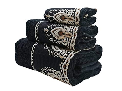 Marina Decor Premium Handtuch-Set, sehr weich, 100 % Baumwolle, durchsichtig, bestickt, 3-teiliges Set inklusive Badetuch Handtuch Gesichtshandtuch 24" x 48" schwarz von Marina Decoration