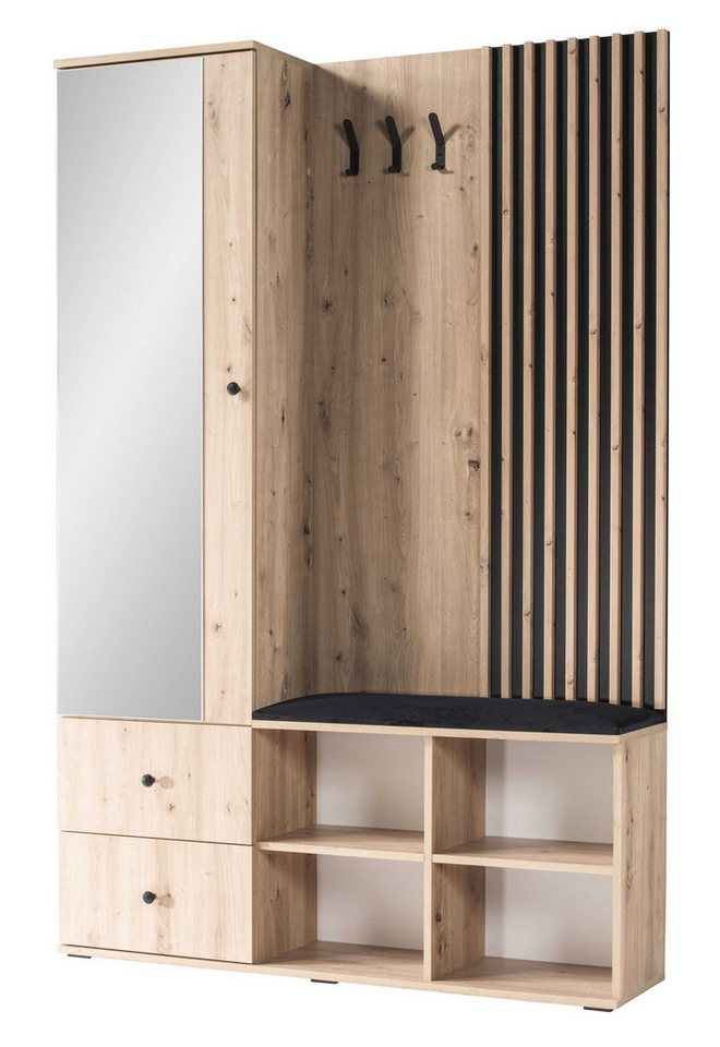 Marmex Möbel Garderobenschrank CALI mit Spiegel, Schubladen und Lamellen für den Flur von Marmex Möbel