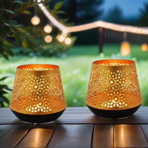 2er Set Orientalische goldene Laterne Windlicht Ceuta 12cm | Marokkanische Gold Gartenlaterne für draußen Innen als Tischlaterne | Marokkanisches Gartenwindlicht hängend oder zum hinstellen von Marrakesch Orient & Mediterran Interior