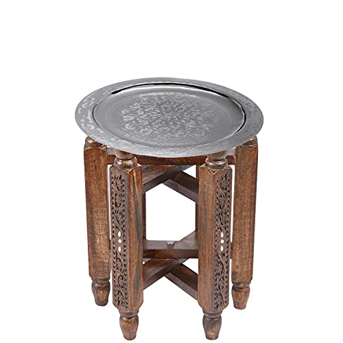 Marokkanischer Runder Tisch Couchtisch Halab ø 40cm rund | Orientalischer Wohnzimmertisch mit klappbaren Vintage Gestell aus Holz in Braun | Tablett Mehdia Klapptisch ist aus Messing in Silber von Marrakesch Orient & Mediterran Interior