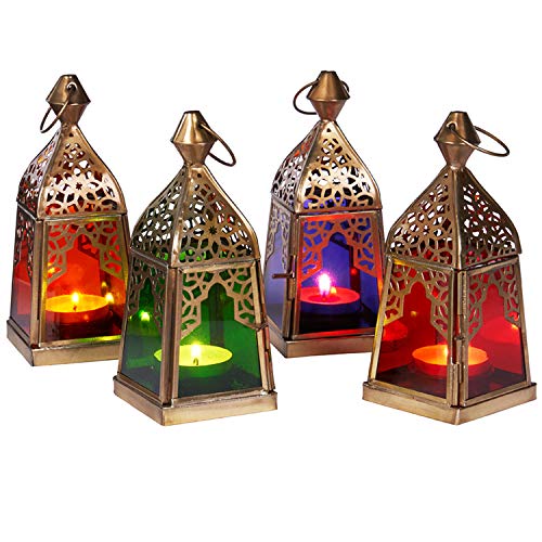 Orientalische Laternen 4 Set Laterne Basil bunt 16cm | Orientalisches Windlicht aus Metall & Glas in 4 Farben | Marokkanische Glaslaterne für draußen als Gartenlaterne in Grün - Blau - Lila - Orange von Marrakesch Orient & Mediterran Interior