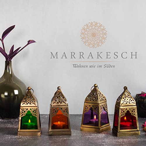 Orientalische Laternen 4 Set Laterne Basil bunt 16cm | Orientalisches Windlicht aus Metall & Glas in 4 Farben | Marokkanische Glaslaterne für draußen als Gartenlaterne in Orange - Blau - Lila - Grün von Marrakesch Orient & Mediterran Interior