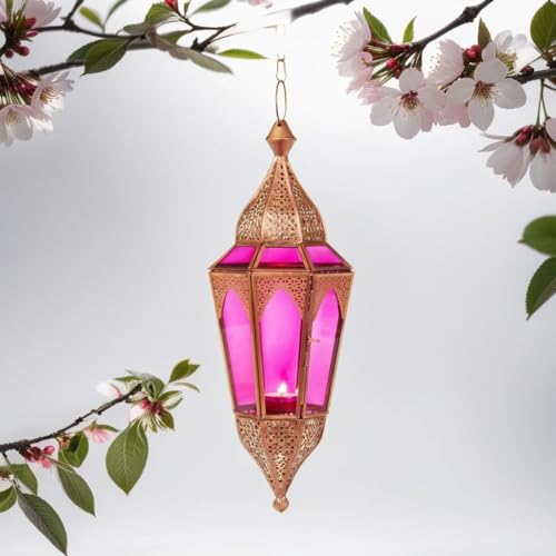 Orientalisches Windlicht hängend Laterne Glas Lalita Pink 41 cm groß | Orientalische Teelichthalter Hängewindlicht mit Henkel orientalisch | Marokkanische Windlichter als Hängewindlichter von Marrakesch Orient & Mediterran Interior