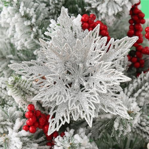 12 Stück Glitter Weihnachtsbaum Dekoration,Weihnachten Schneeflocken Charms,Weihnachten Blumen Poinsettia Ornament Weihnachten Dekor, Christbaumanhänger (Silber) von Martin Kench