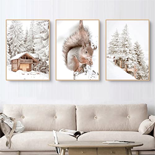 Martin Kench 3er Poster Set, Winter-Schneelandschaft Bilder, Eichhörnchen, Kiefer, Elch, Wald Wandbilder Modern Wanddeko für Wohnzimmer, ohne Rahmen (A,30x40cm) von Martin Kench