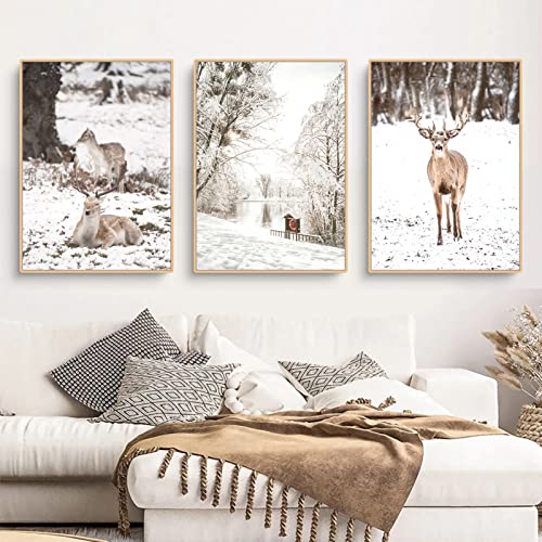 Martin Kench 3er Poster Set, Winter-Schneelandschaft Bilder, Eichhörnchen, Kiefer, Elch, Wald Wandbilder Modern Wanddeko für Wohnzimmer, ohne Rahmen (C,30x40cm) von Martin Kench