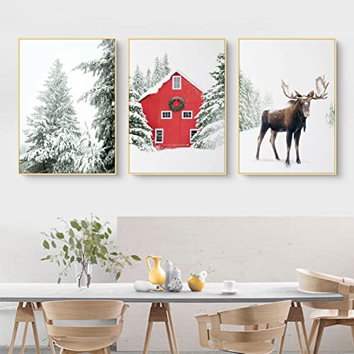 Martin Kench 3er Weihnachts-Poster Set, Winter-Schneelandschaft Bilder, Elch, Holzhaus, Wald Wandkunst Wandbilder Modern Wanddeko für Wohnkultur, ohne Rahmen (A,40x50cm) von Martin Kench