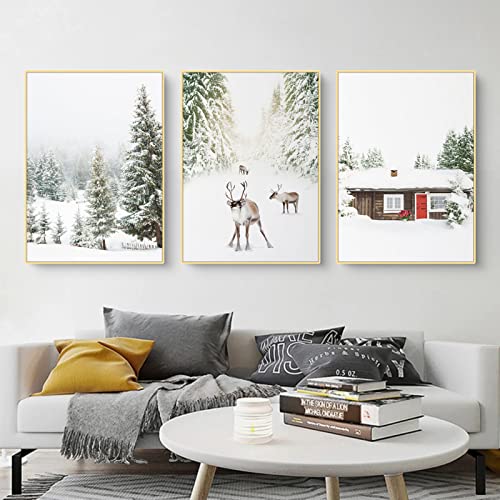 Martin Kench 3er Weihnachts-Poster Set, Winter-Schneelandschaft Bilder, Elch, Holzhaus, Wald Wandkunst Wandbilder Modern Wanddeko für Wohnkultur, ohne Rahmen (B,30x40cm) von Martin Kench