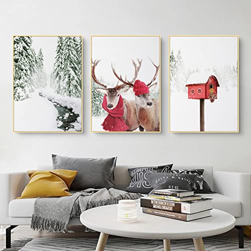 Martin Kench 3er Weihnachts-Poster Set, Winter-Schneelandschaft Bilder, Elch, Holzhaus, Wald Wandkunst Wandbilder Modern Wanddeko für Wohnkultur, ohne Rahmen (C,30x40cm) von Martin Kench