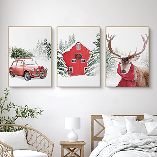 Martin Kench 3er Weihnachts-Poster Set, Winter-Schneelandschaft Bilder, Elch, Holzhaus, Wald Wandkunst Wandbilder Modern Wanddeko für Wohnkultur, ohne Rahmen (D,30x40cm) von Martin Kench