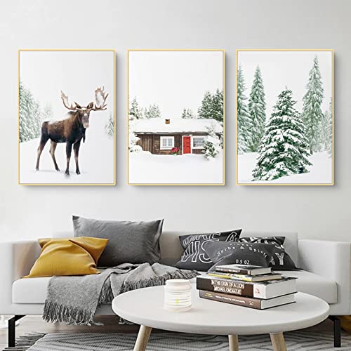 Martin Kench 3er Weihnachts-Poster Set, Winter-Schneelandschaft Bilder, Elch, Holzhaus, Wald Wandkunst Wandbilder Modern Wanddeko für Wohnkultur, ohne Rahmen (E,30x40cm) von Martin Kench