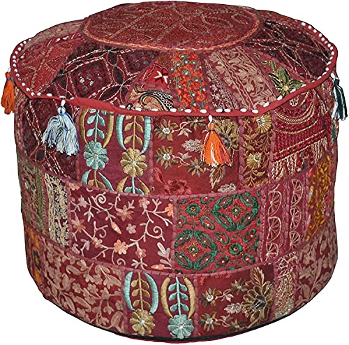 Marusthali Indischer bestickter Patchwork-Überzug, bequemer Boden, Baumwolle, Ottomanenbezug, ethnischer Pouf, Patchwork-Bezug, indischer dekorativer Sitzsack, 56 x 36 cm von Marusthali