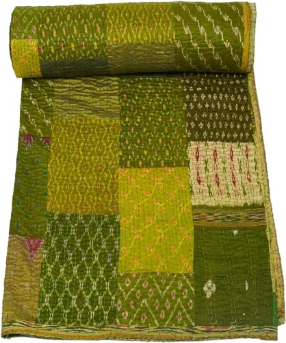 Marusthali Seidendecke, indische Bettdecken, Vintage-Bettüberwürfe, handgefertigt, Kantha, indische Steppdecken, Seiden-Bettwäsche, Tagesdecke, Seide, Kantha-Bettbezüge (Mehandi, Queen-Size-Bett, 228, MQLTGRD0505-To-MQLTGRD0520 von Marusthali