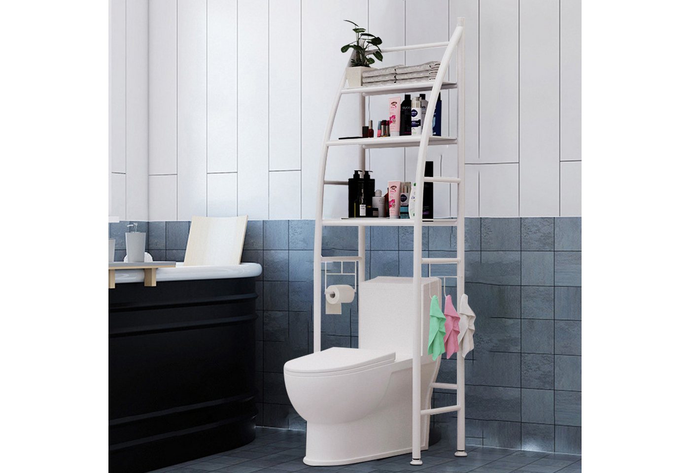 Masbekte Badregal Standregal mit 3 Haken, 3-Tiers Stahl Toilettenregal, WC-Regal, Metall Badezimmerregal, Aufbewahrungsregal, Waschmaschinenregal, 166*50cm von Masbekte