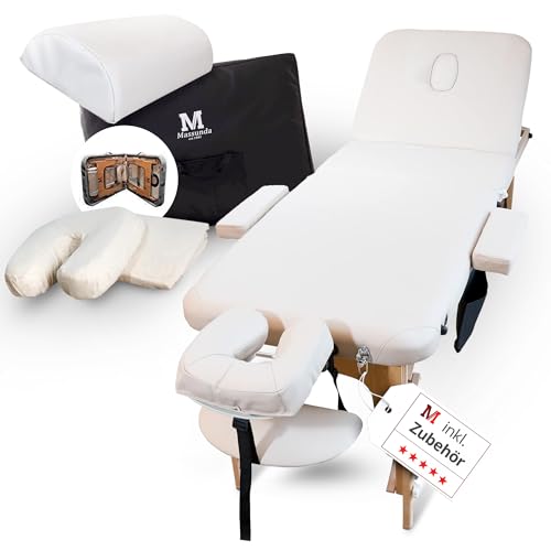 MASSUNDA – Mobile 3 Zonen Massageliege klappbar & höhenverstellbar – Stabiler Massagetisch aus Vollholz – All-Inkl. Massagebank mit ergonomischer Kopfstütze, Bezug, Armlehne, Kissen (Creme-Beige) von MASSUNDA