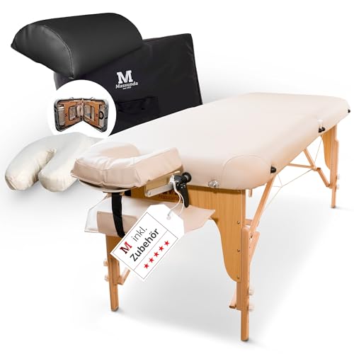 MASSUNDA – Mobile Comfort Deluxe Massageliege klappbar & höhenverstellbar – EXTRA breiter Massagetisch aus Vollholz – Massagebank mit ergonomischer Kopfstütze, Bezug, Armlehne, Kissen (Creme) von MASSUNDA