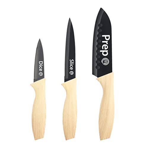 MasterChef Küchenmesser Set, Messerset ink. Kochmesser, Gemüsemesser & Schälmesser, Scharfe Messer Edelstahl, Antihaftbeschichtete, Soft-Touch-Griffe in Holzoptik, 3-teilig, Black von MasterChef