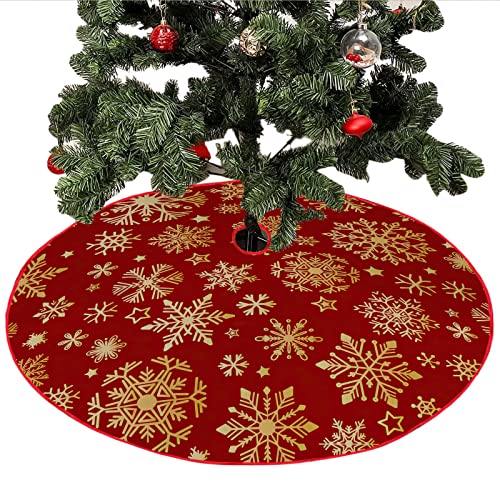 Mateju Rote Gold Weihnachtsbaum Rock Weihnachtsbaumdecke Groß Tannenbaum Unterlage Rund Christbaumdecke Christbaumständer Teppich Baumdecke für Weihnachtsdeko Neujahr (Stern schneeflake,120cm) von Mateju