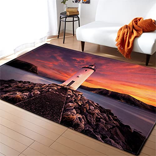 Mateju Teppich Schlafzimmer Wohnzimmer Teppich 3D Leuchtturm Dekoration Waschbarer Flanell Teppiche Balkon Terrasse Küchenteppich Bodenmatte Fußmatte (60x90cm,Sonnenuntergang) von Mateju