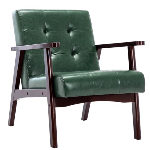 Matomn Sessel Wohnzimmer Retro Sessel Polsterstuhl Loungesessel mit Armlehnen Retro Holzsessel mittelalterlicher Holzrahmen Design Stuhl aus PU Leder für Schlafzimmer Empfangsraum Café Grün von Matomn