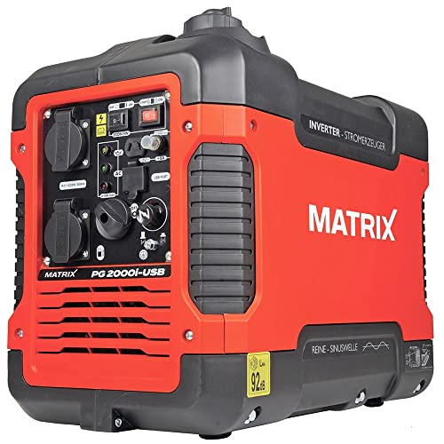 Matrix Notstromaggregat Benzin leise 2000 Watt Inverter Stromerzeuger Stromgenerator mit USB Stromaggregat digitaler Generator Eco Modus sehr leise PG 2000i-USB | 4 Takt | 2x230V | 12V | 2xUSB | 23kg von MATRIX