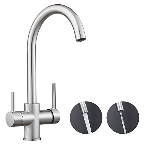 Maynosi 3 Wege Wasserhahn Küche, 3 in 1 Mischbatterie für Wasserfilter, Trinkwasserhahn mit 2 Hebel, mit 3 Schlauches (50cm) und 1/2 Adaptern, Messing (Gebürstetes Nickel) von Maynosi