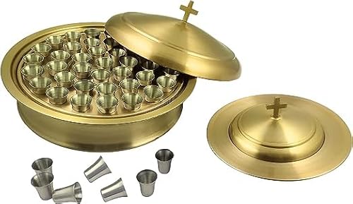 Communion Ware Holy Wine Serviertablett mit Deckel und stapelbarer Brotteller mit Deckel + 40 Tassen – Edelstahl (Messing/Gold) von Mayur Exports