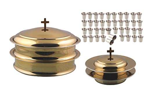 Communion Ware Serviertabletts mit Deckel und 2 stapelbare Brotteller mit Deckel + 80 Tassen – Edelstahl (Messing/Gold glänzend) von Mayur Exports