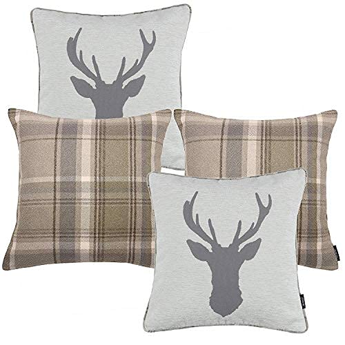 McAlister Textiles Stag | 4er Set Kissenbezüge Hirsch-Motiv Tartan kariert | 43x43cm in Beige | 2 x Hirschmotiv und 2 x Tartanmuster von McAlister Textiles