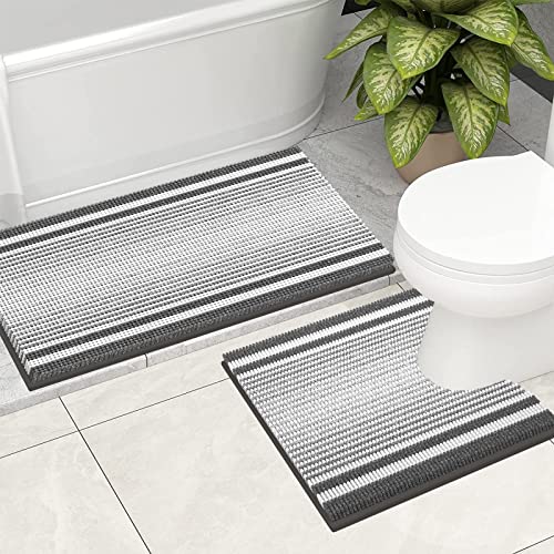 McEu Badvorleger Set 2 Teilig, rutschfest waschbar Badteppich 81x51cm und U-förmige Kontur WC Teppich 51x51cm, Mikrofaser Chenille Saugfähig Badematte für Badezimmer, Dunkelgrau von McEu