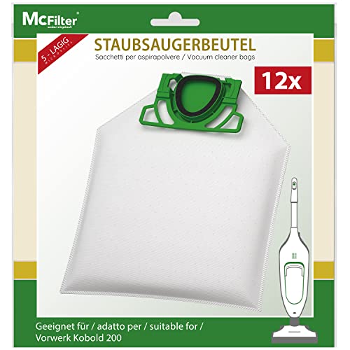 McFilter | 12 Staubsaugerbeutel geeignet für Vorwerk Kobold VK200 VK 200 Staubsauger | 5-lagiger Microvlies Beutel mit Kunststoffdeckscheibe und praktischem Klappverschluss von McFilter