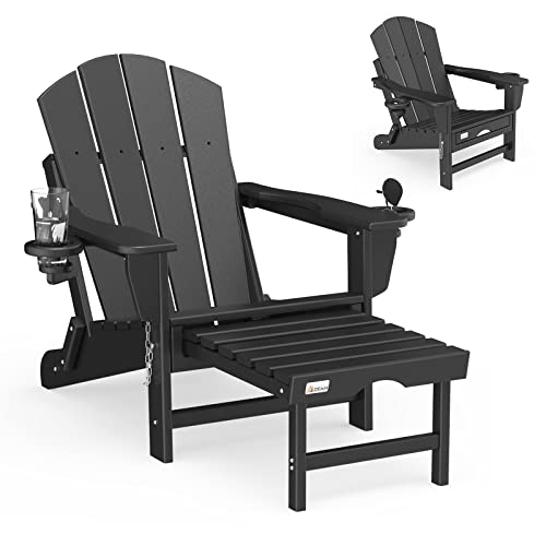 Klappbarer Adirondack Stuhl Mdeam Rasen Outdoor Feuerstelle Stühle Adirondack Stühle wetterbeständig mit 2 Getränkehalter/Adirondack einziehbarem Ottomane (schwarz) von Mdeam