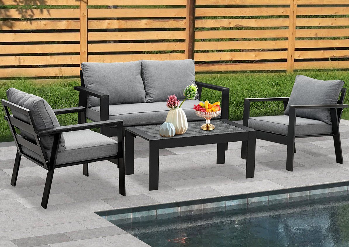 MeXo Gartenlounge-Set Gartenmöbel Set Aluminium Loungeset für Terrasse Balkon, (Set, 4-tlg., 1×2-Sitzer Sofa, 2×Einzelsessel, 1×Couchtisch, 7×Auflagen), wetterfest Sitzgruppe Essgruppe Gartengarnitur für 3-4 Personen von MeXo