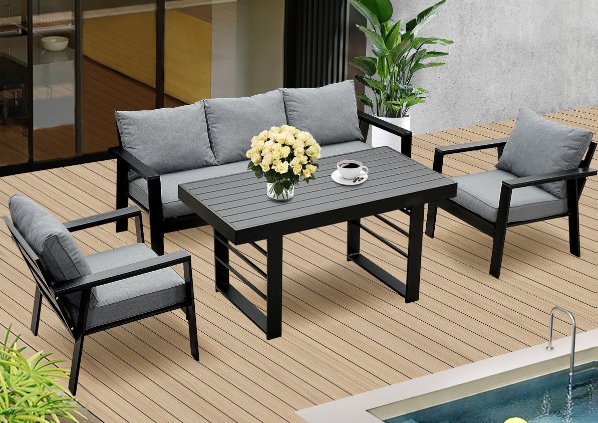 MeXo Gartenlounge-Set Gartenmöbel Set Aluminium Loungeset für Terrasse Balkon, (Set, 4-tlg., 1×3-Sitzer Sofa, 2×Einzelsessel, 1×Esstisch, 8×Auflagen), wetterfest Sitzgruppe Essgruppe Gartengarnitur für 4-5 Personen von MeXo