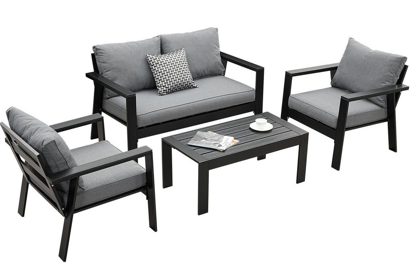 MeXo Gartenlounge-Set Gartenmöbel Set Aluminium Loungeset für Terrasse Balkon, (Set, 4-tlg., 1×2-Sitzer Sofa, 2×Einzelsessel, 1×Couchtisch, 7×Auflagen), wetterfest Sitzgruppe Essgruppe Gartengarnitur für 3-4 Personen von MeXo