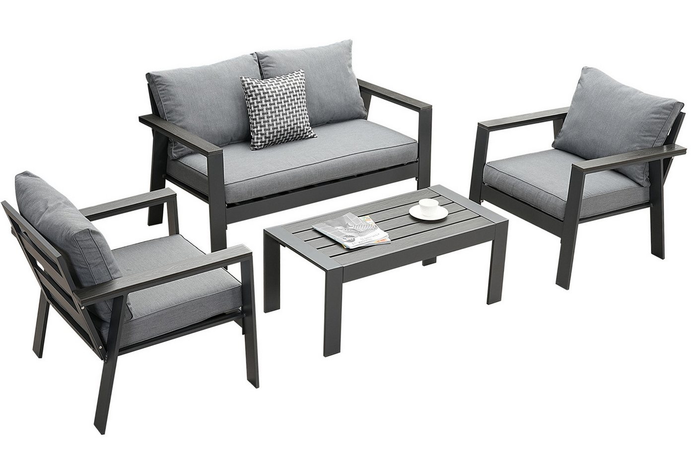 MeXo Gartenlounge-Set Gartenmöbel Set Aluminium Loungeset für Terrasse Balkon, (Set, 4-tlg., 1×2-Sitzer Sofa, 2×Einzelsessel, 1×Couchtisch, 7×Auflagen), wetterfest Sitzgruppe Essgruppe Gartengarnitur für 3-4 Personen von MeXo