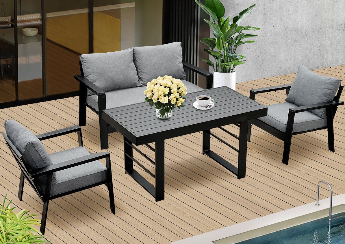 MeXo Gartenlounge-Set Gartenmöbel Set Aluminium Loungeset für Terrasse Balkon, (Set, 4-tlg., 1×2-Sitzer Sofa, 2×Einzelsessel, 1×Esstisch, 7×Auflagen), wetterfest Sitzgruppe Essgruppe Gartengarnitur für 3-4 Personen von MeXo