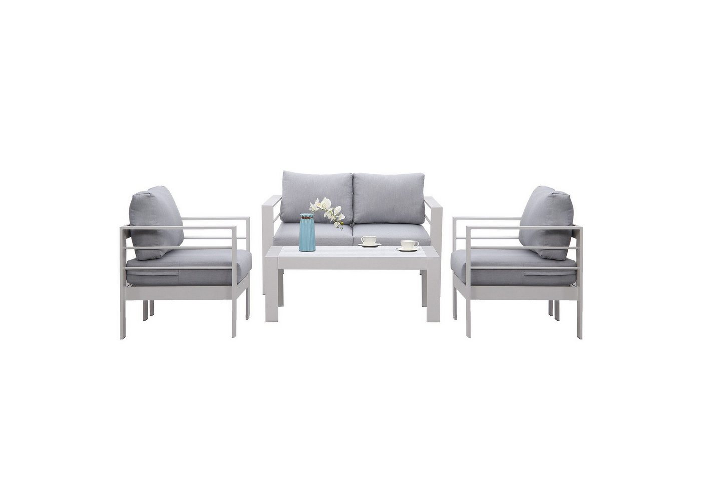 MeXo Gartenlounge-Set Gartenmöbel Set Aluminium Loungeset für Terrasse Balkon, (Set, 4-tlg., 1×2-Sitzer Sofa, 2×Sessel, 1×Tisch, 8×Auflagen), wetterfest Sitzgruppe Essgruppe Gartengarnitur für 3-4 Personen von MeXo