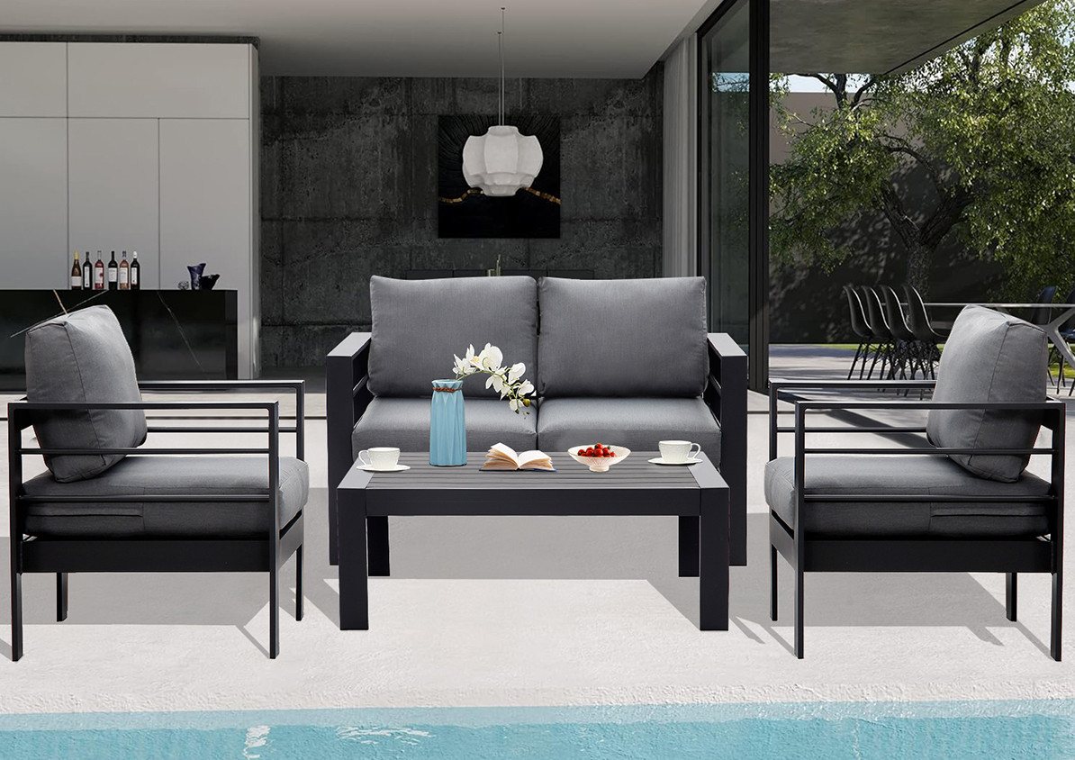 MeXo Gartenlounge-Set Gartenmöbel Set Aluminium Loungeset für Terrasse Balkon, (Set, 4-tlg., 1×2-Sitzer Sofa, 2×Sessel, 1×Tisch, 8×Auflagen), wetterfest Sitzgruppe Essgruppe Gartengarnitur für 3-4 Personen von MeXo