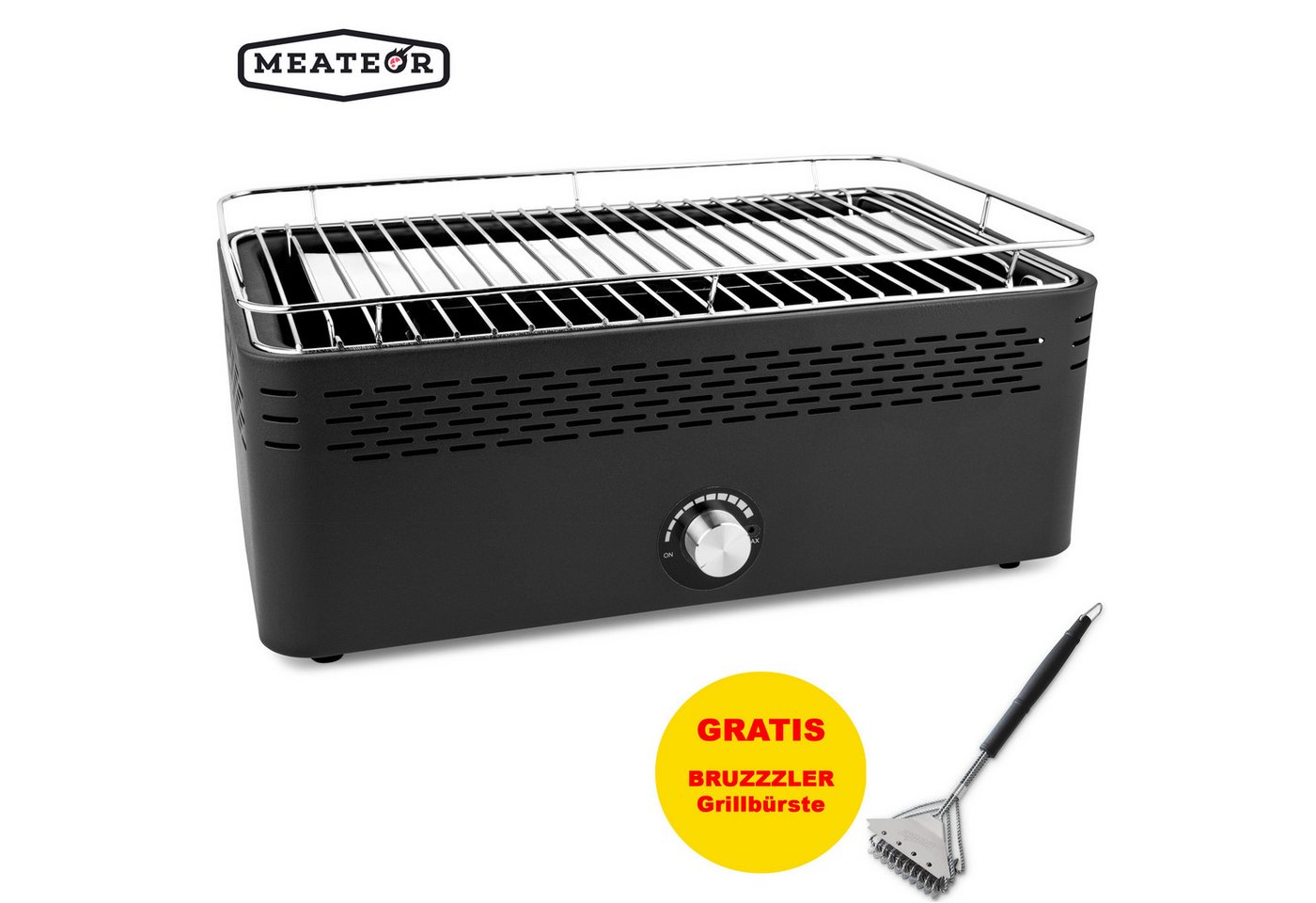 Meateor Holzkohlegrill Tischgrill Campinggrill Holzkohle mit Aktivbelüftung, raucharm, Balkon, Terrasse, Camping inkl. BRUZZZLER-Grillbürste, Grillfläche B44xT25cm von Meateor