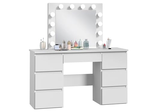 Meblowa1, Schminktisch mit LED Beleuchtung, Schminkspiegel mit Großem Hollywood Spiegel - Vanity Mirror, 12 LED-Leuchtmittel Neutrale Farbe, 7 Schubladen, Modern Frisiertisch, Weiß, 120x75x43cm von Meblowa1