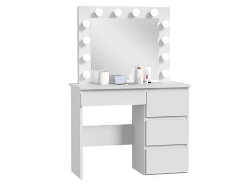 Meblowa1 Schminktisch mit LED Beleuchtung, Schminkspiegel mit großem Hollywood Spiegel - Vanity Mirror, 12 LED-Leuchtmittel neutrale Farbe, 4 Schubladen, Modern Frisiertisch, Weiß, 94x75x43cm, TB012 von Meblowa1