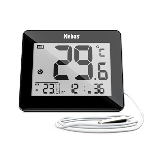 Digitales Thermometer Innen und Außen mit kabelgebundenem Außensensor, Uhrzeit, Min/Max-Werte, Farbe: Schwarz, Modell: 48432 von Mebus