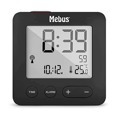 Mebus Funkwecker mit Temperaturanzeige, kompakt in Reisegröße, Funkuhr (DCF77), Alarm mit Weckwiederholung (Snooze), Datum, Displaybeleuchtung, Farbe: Schwarz, Modell: 25801 von Mebus